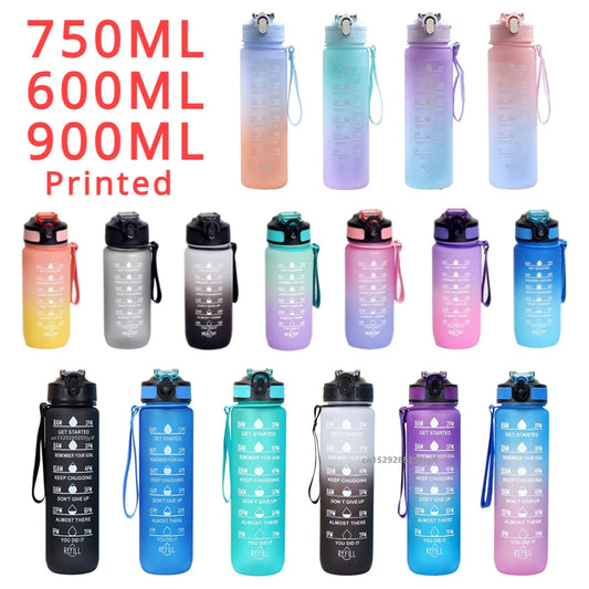 600ML/750ML/1000ML Sports Water Bottle Gradient Color Motivational Bottle with Time Marker Leak-proof Cup Gym Outdoor Drinkware