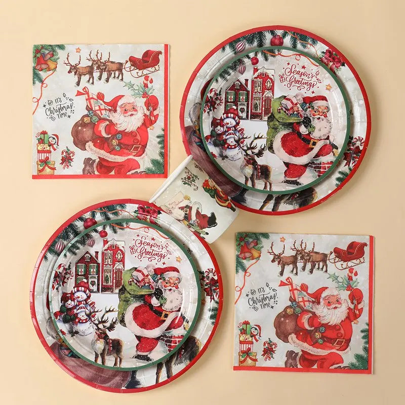 Christmas Party Disposable Tableware Santa Elk Paper Plates Paper Cups Merry Christmas Decorations 2024 For Home Xmas Ornaments