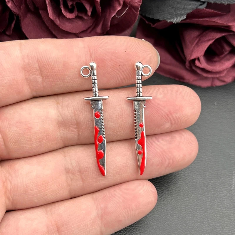 10pcs Halloween Zinc Alloy Silver Bloody Dagger Color Charms Knife Pendants for DIY Bangle Bracelet Findings