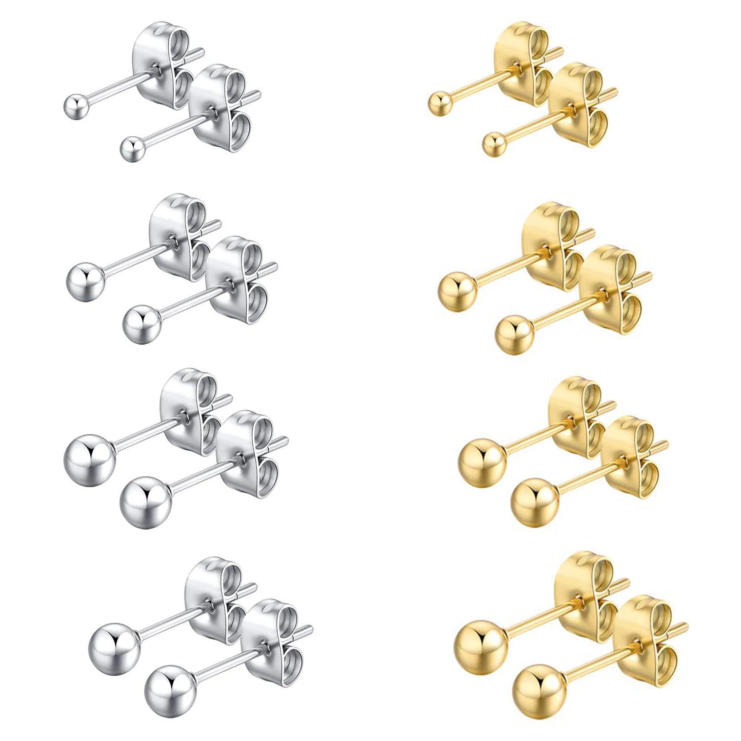 1 Pair Tiny Women Girls 14K Gold Plated Round Ball Stud Earrings Surgical Stainless Steel Earrings Set 2-6MM