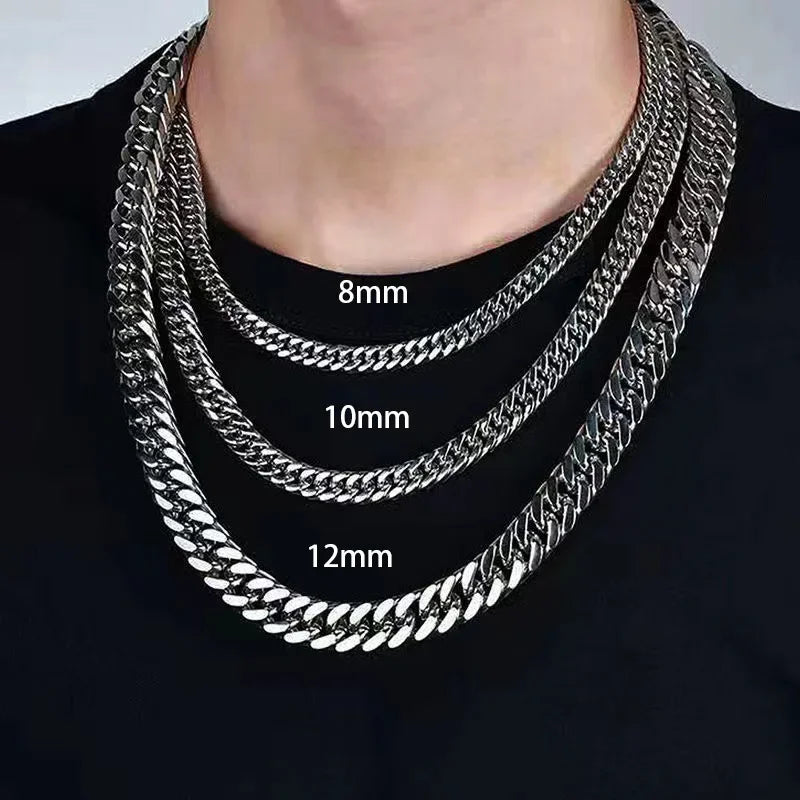 HNSP 8MM-14MM Stainless Steel Cuban Chain Necklace For Men Punk Thick Long Neck Male Jewelry Silver Color