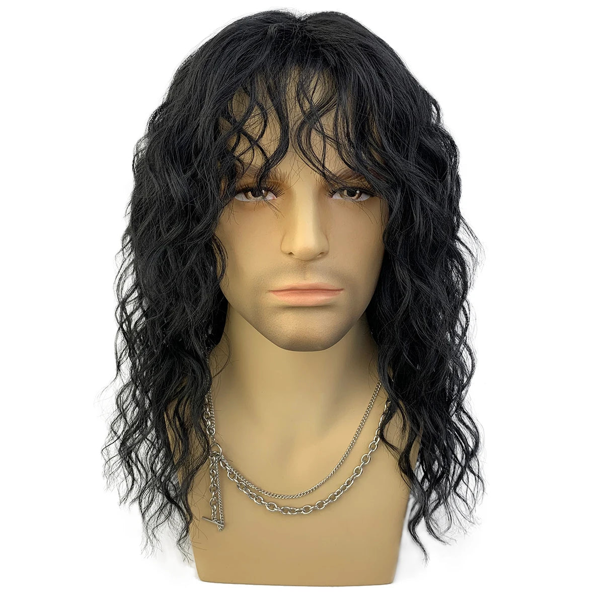 Synthetic Men Wig Natural Curly Dark Brown Color Male Wig With Bangs Water Wave Daily or Cosplay Adjustable Man Hair Wig