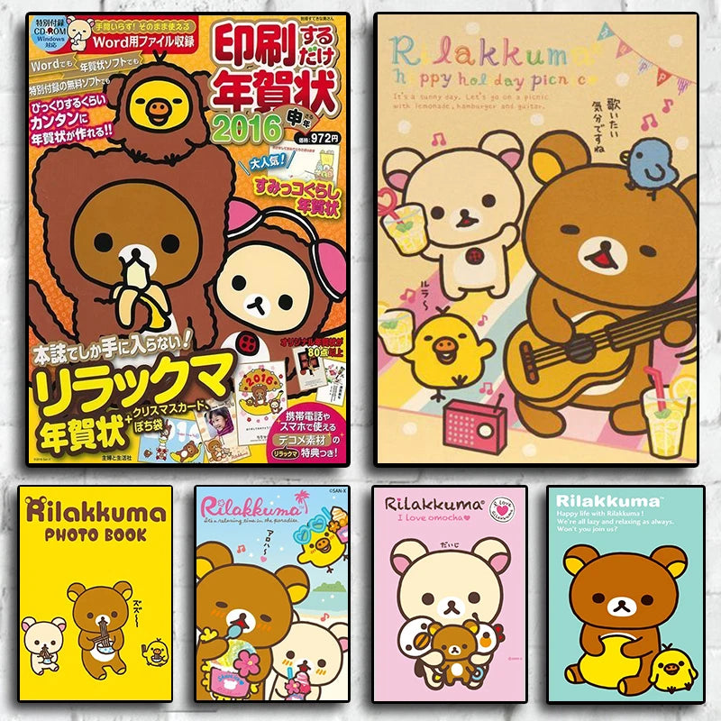 Japan Anime Cute Cartoon Rilakkuma Poster For Wall Art Canvas Print Manga Bear Chick Cat Reading Nursery Kids Kawaii Room Decor