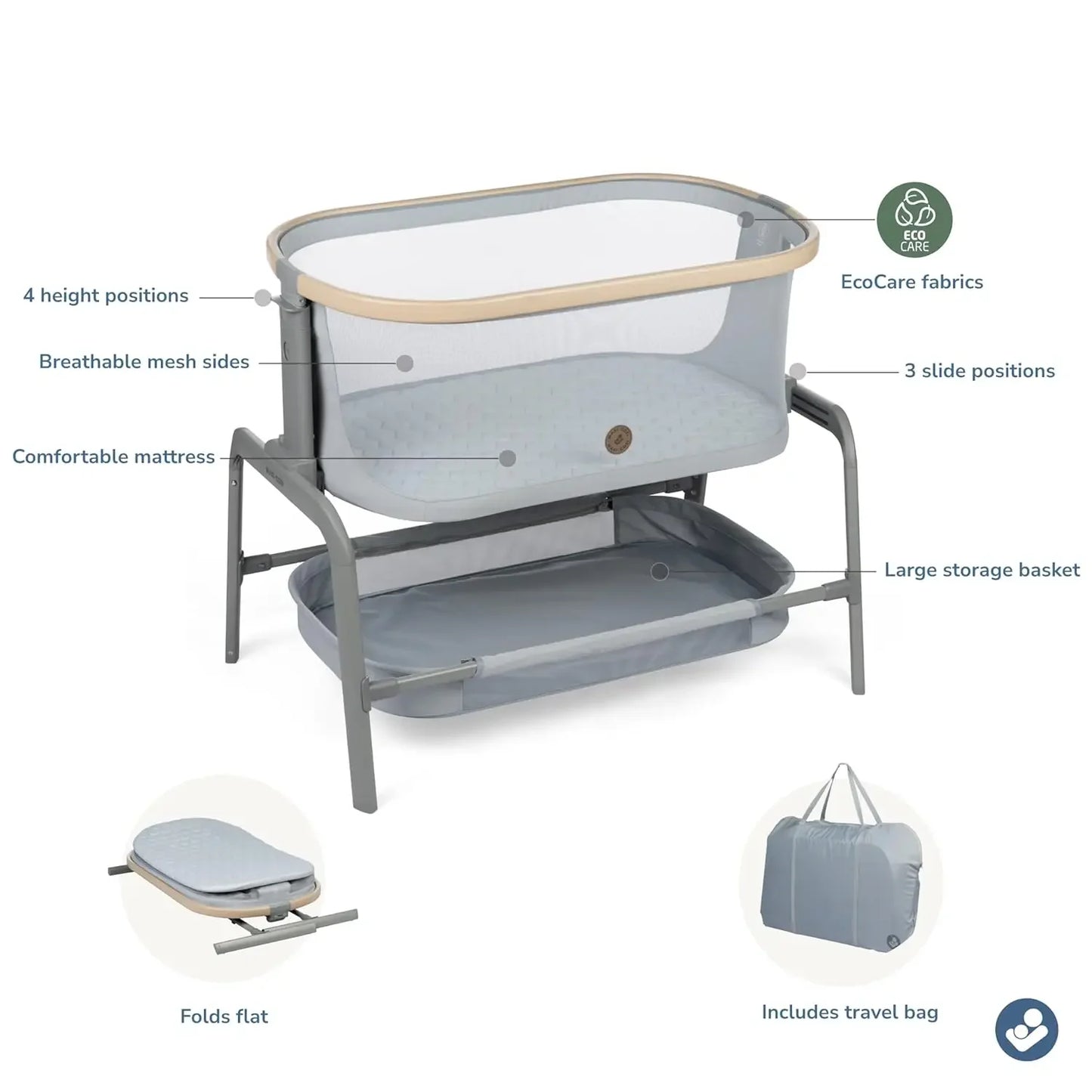 Iora Bassinet Classic Slate: Portable Baby Bassinet, Infant Bedside Sleeper Crib, Height Adjustable, Breathable Mesh, Large Sto