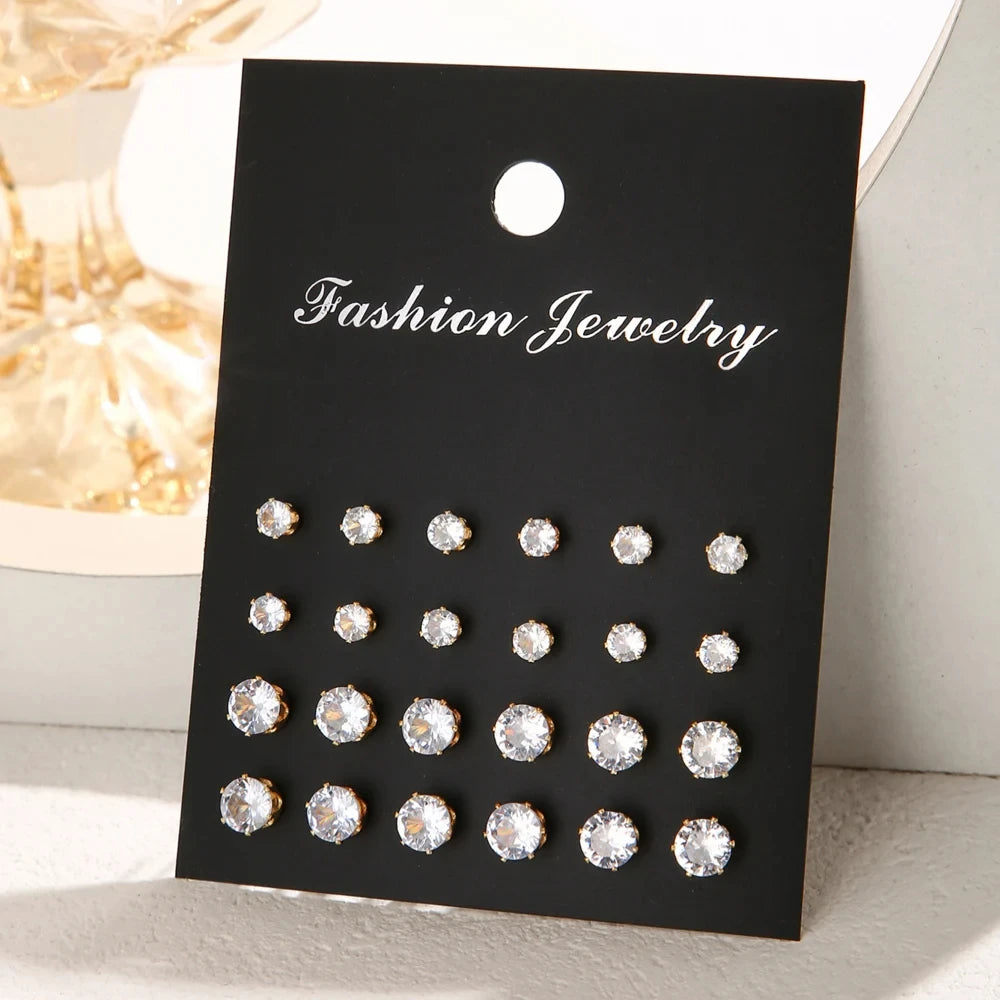 12 Pair/Lot White Shiny Wedding Stud Earrings Set For Women Men Crystal Jewelry Accessories Oorbellen Jewelry Earrings