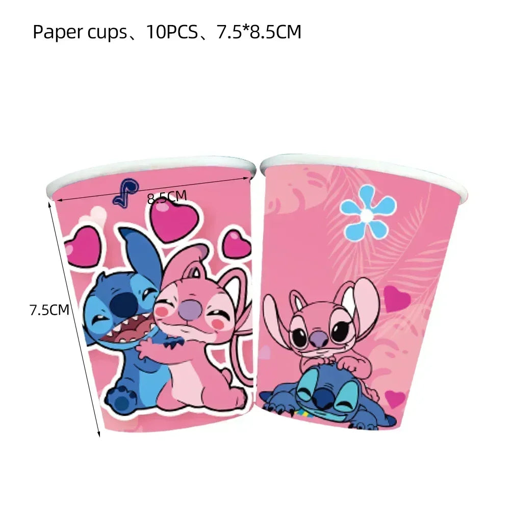 Disney Children's Party Decoration Pink Cartoon Interstellar Stitch Angel Series Disposable Tableware Flag Balloon