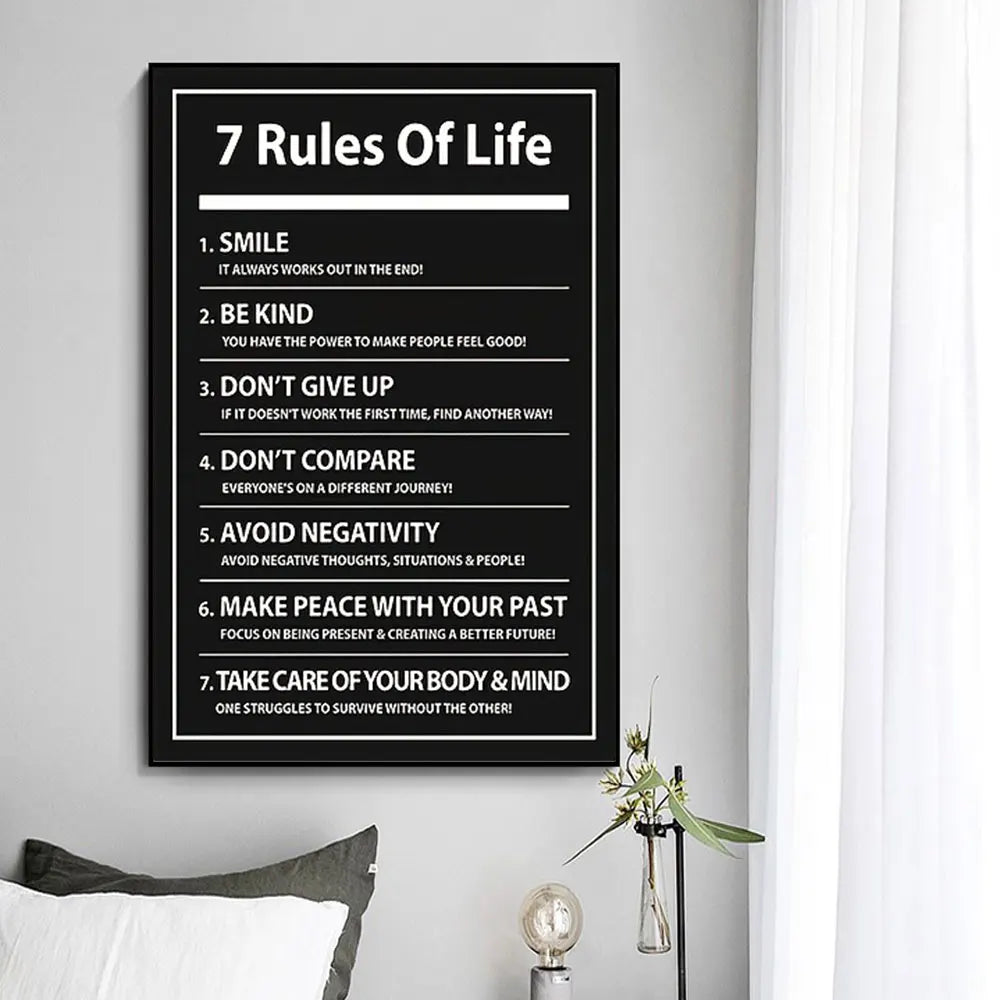 7 Rules of Life: Inspiring Letter Black Prints Motivational Quote Canvas Poster for Home Office Decor