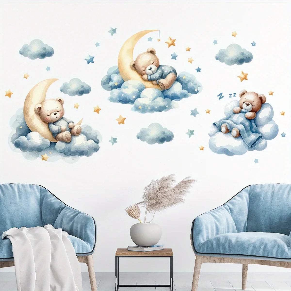 1Pc Cartoon Teddy Bear Sleeping on Clouds Animal Wall Stickers Room Decor Bedroom Children Kids Room Decoration Wall Decals Home