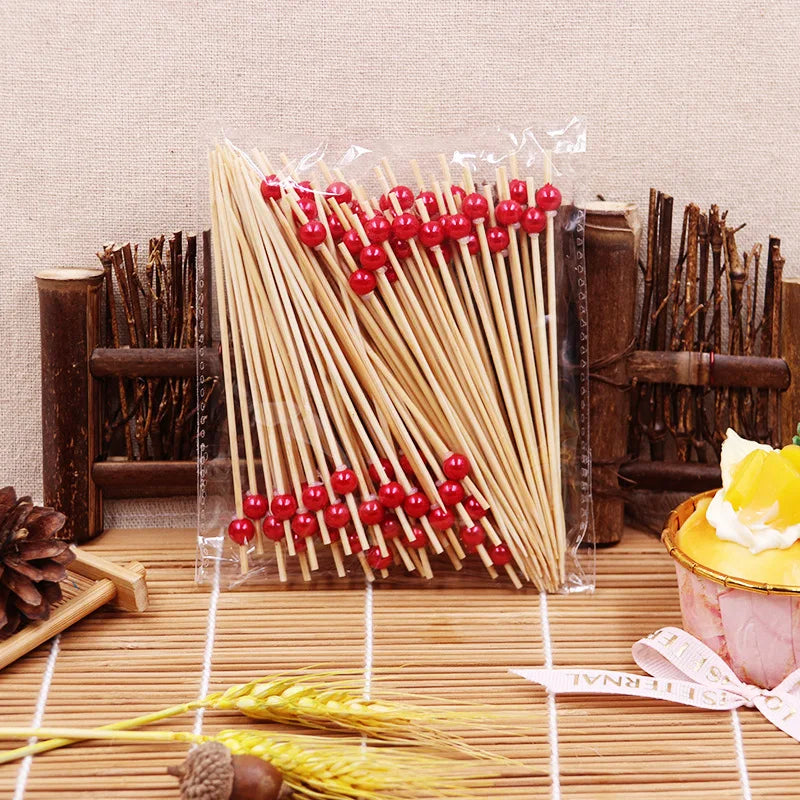 100Pcs Wedding Pearl Disposable Bamboo Skewers Wooden Cocktail Picks Fruit Picks Snack Fork Skewer Wedding Party Supplies