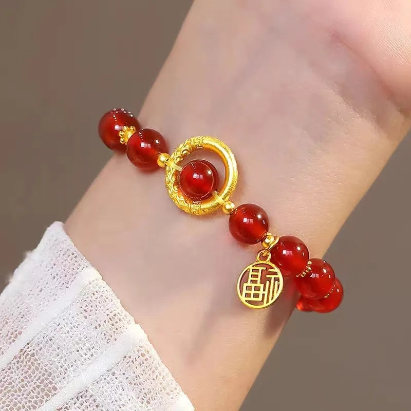 Real gold and red agate acacia bean bracelet AU999 pure gold fortune brand bracelet womens temperament 24k jewelry wholesale