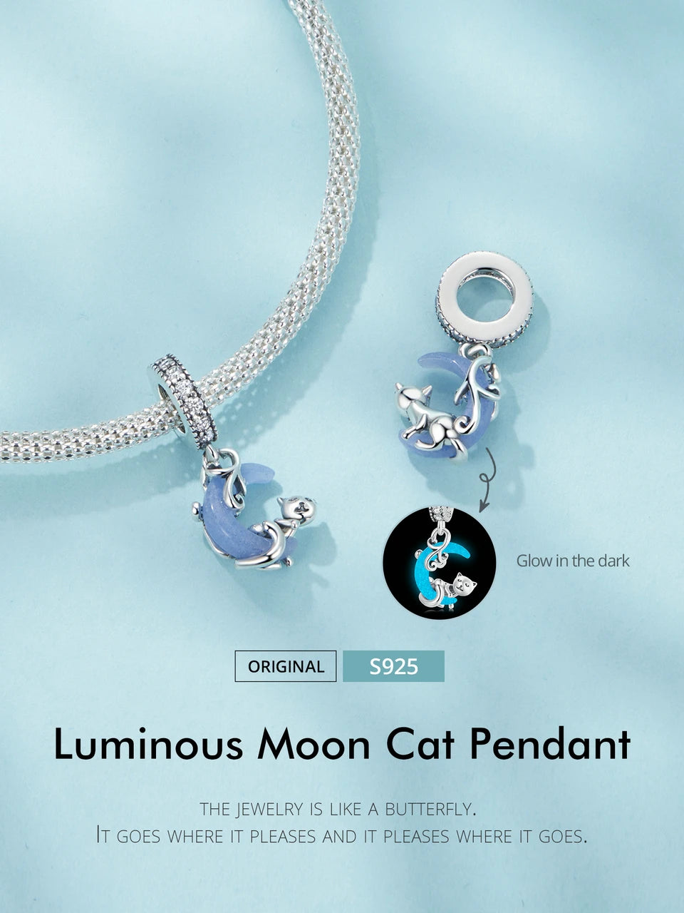 Bamoer 925 Sterling Silver Glow-in-the-dark Shell/Moon Cat/Star Wishing Bottle Pendant Luminous Ocean Charms for Bracelet