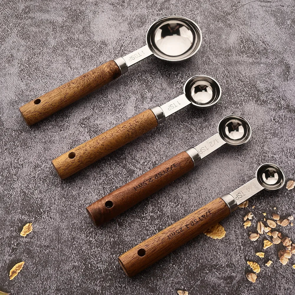 4/8Pcs Wooden Handle Stainless Steel Measuring Cups Spoons Baking Tools Coffee Measuring Spoon Set Bartending Scale Accessories