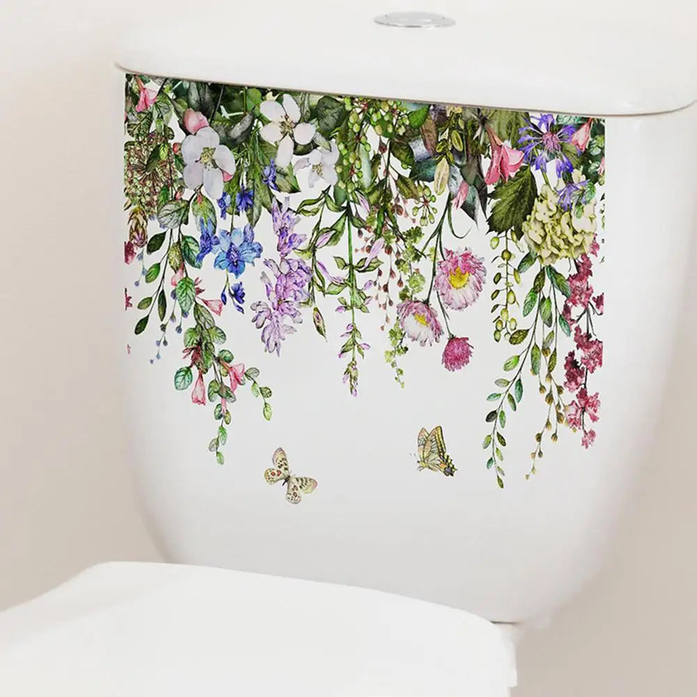 Green Plant Leaves Flowers Toilet Stickers Waterproof Self-Adhesive Toilet Lid Stickers Wall Decals Toilet Cover for Bathroom