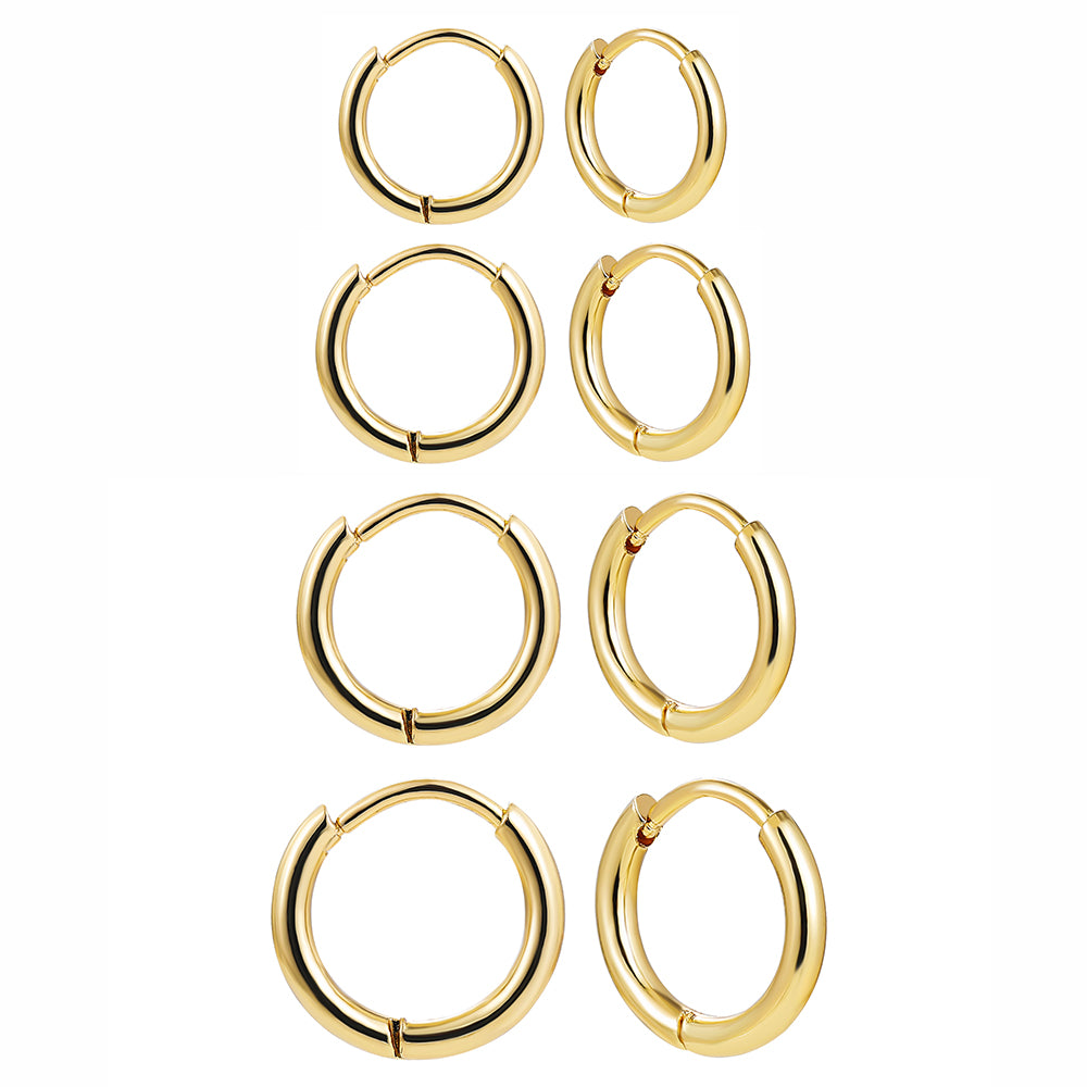 4Pairs Stainless Steel Solid Round Rings Huggies Earrings Set for Women Men Stackable 18K Gold Plated Tiny Ear Cartilage Hoops