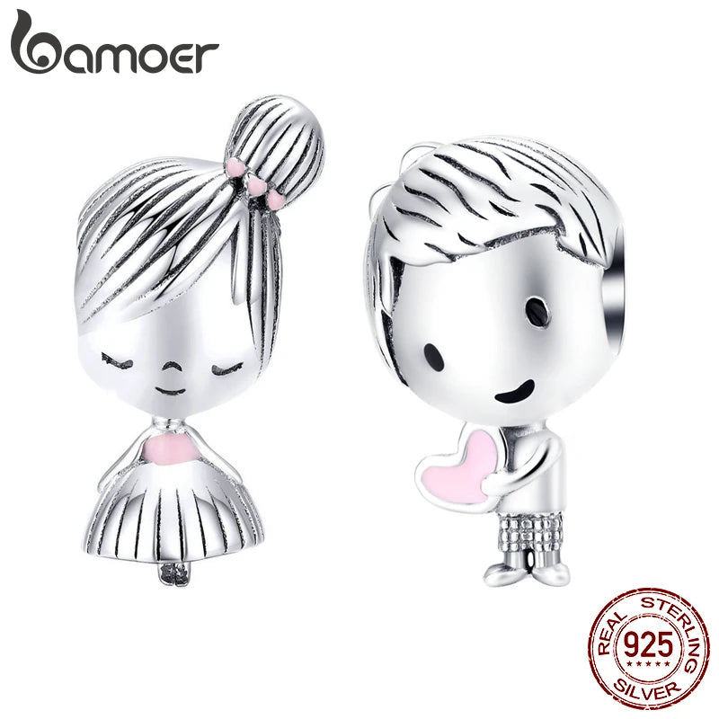 Bamoer 925 Srerling Silver Boy and Girl Pendant Charm for Original Bracelet Metal Beads Valentine Gifts SCC1334