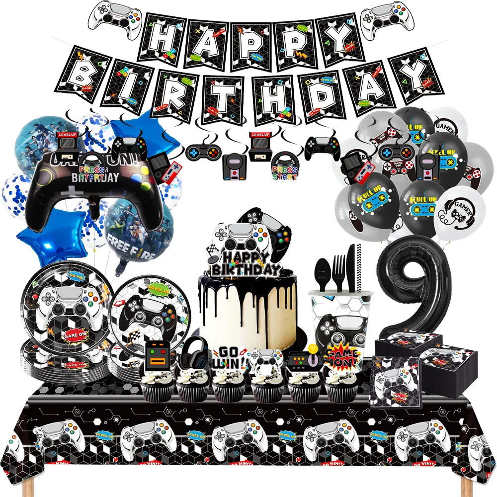 Black And White Game Console Controller Birthday Party Supplies Disposable Tableware Balloons For Boy Birthday Party Decorations