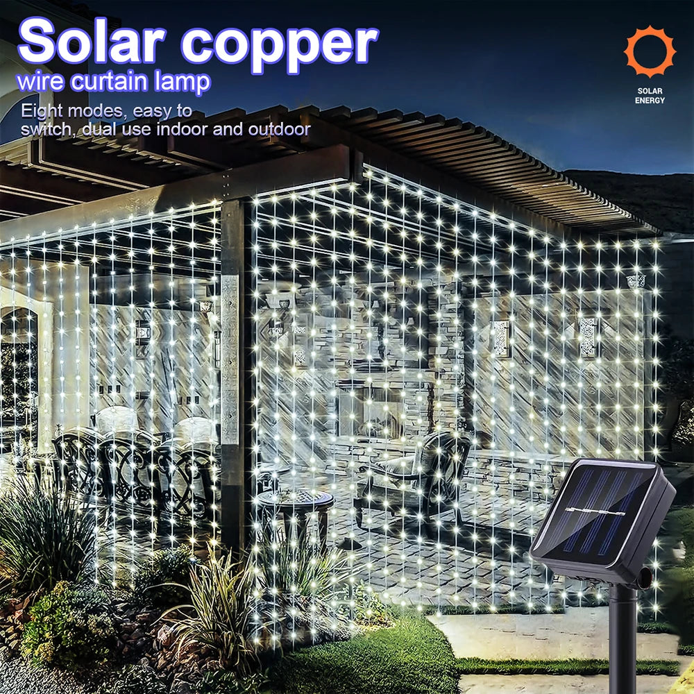 Outdoor Solar Curtain Light 300LED Waterproof String Lights Garden Yard Pavilion Fairy Garland String Lights Holiday Decor Light