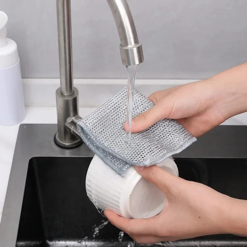 20/5pcs Thickened Steel Wire Cleaning Cloth Non-Scratch Double-layer Iron Microfiber Mesh Dishrag Washing Pot Rags Kitchen Towel