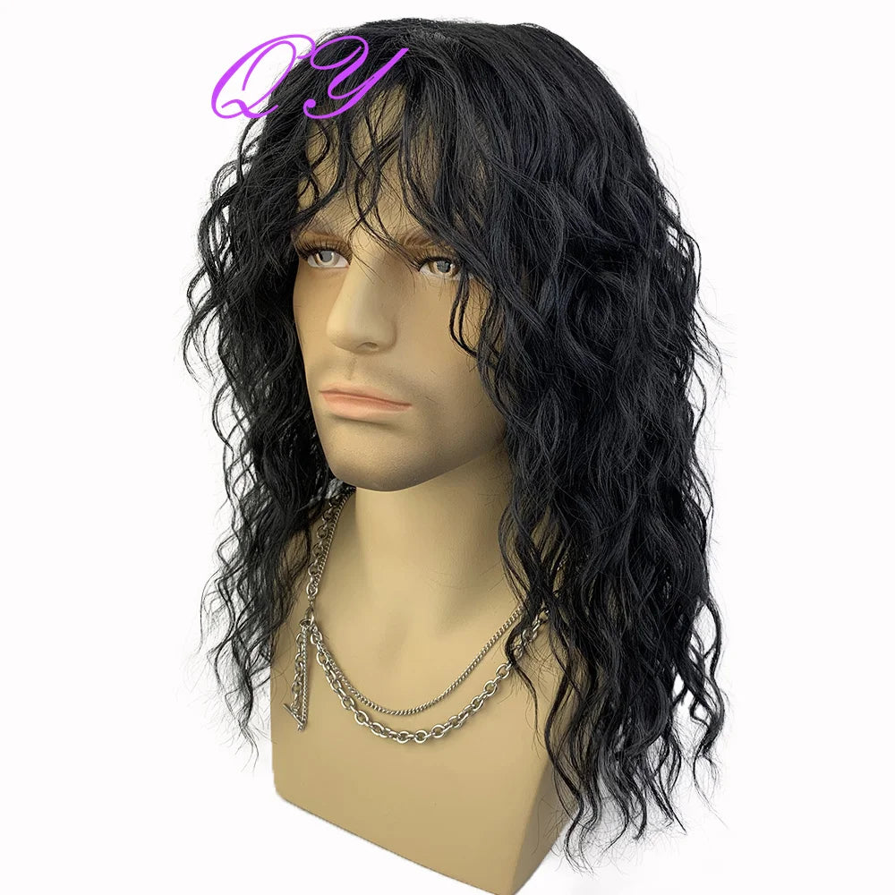 Synthetic Men Wig Natural Curly Dark Brown Color Male Wig With Bangs Water Wave Daily or Cosplay Adjustable Man Hair Wig