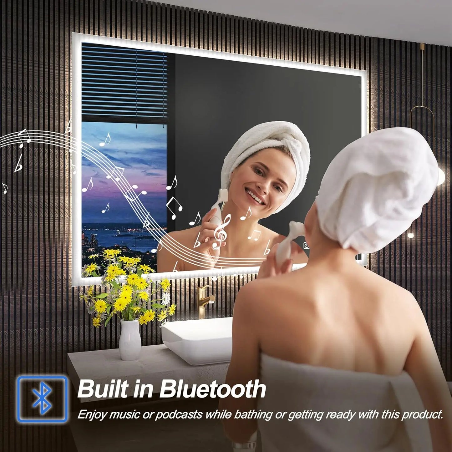 LED-Bathroom-Mirror, 28"x36" Bluetooth-Bathroom-Mirror-with-Lights, Anti-Fog 3 Colors Dimmable Light Memory Waterproof