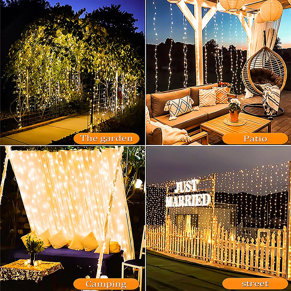 Outdoor Solar Curtain Light 300LED Waterproof String Lights Garden Yard Pavilion Fairy Garland String Lights Holiday Decor Light