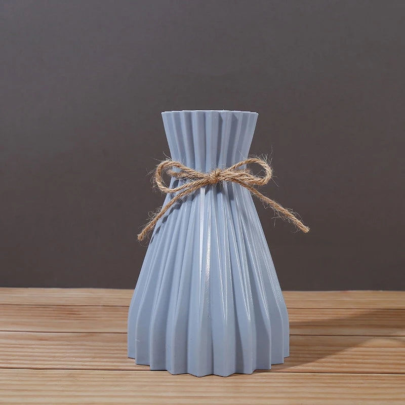 1Pc Narrow Waist Origami Striped Tabletop Vase Simple Home Decor Creative Twine Bow Imitation Ceramic Plastic Flower Vase