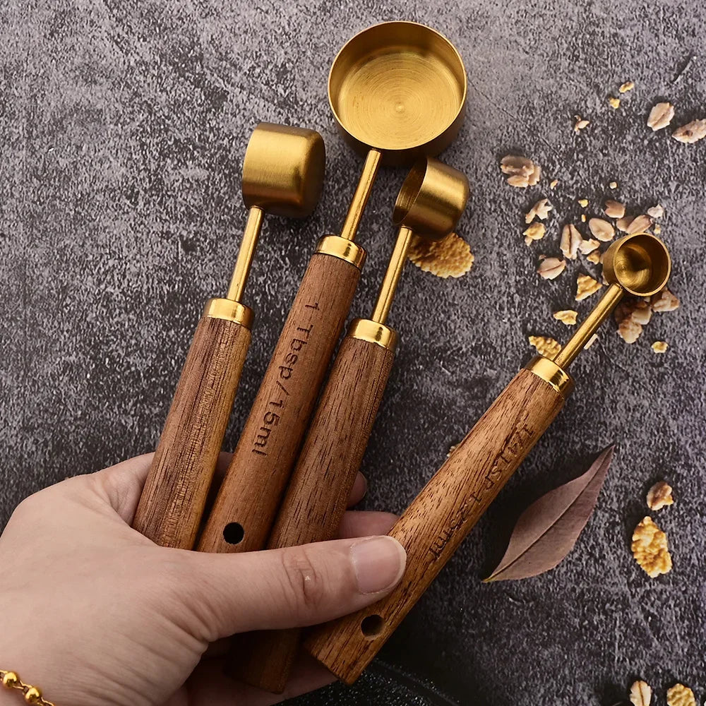 4/8Pcs Wooden Handle Stainless Steel Measuring Cups Spoons Baking Tools Coffee Measuring Spoon Set Bartending Scale Accessories