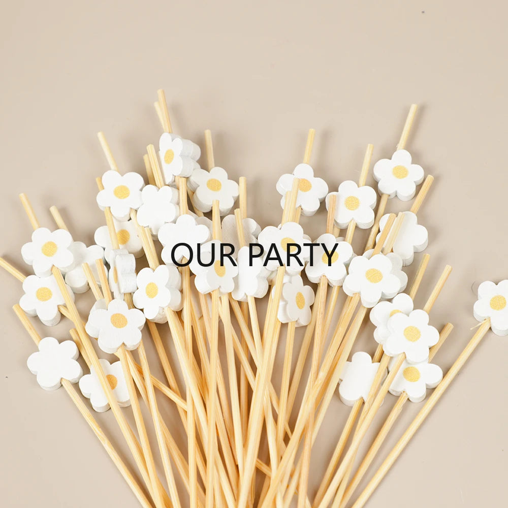 100Pc Sweet Daisy Flower Disposable Bamboo Food Picks Dessert Fruit Forks for Kids Birthday Wedding Baby Shower Party Decoration