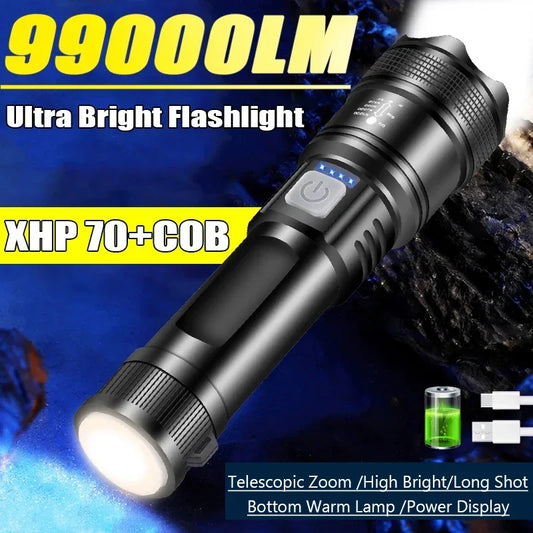 XHP70 Powerful Rechargeable Led Flashlight Variable Zoom 30W Torch Tactical Lantern Long Shot Torch Outdoor Camping Emergency