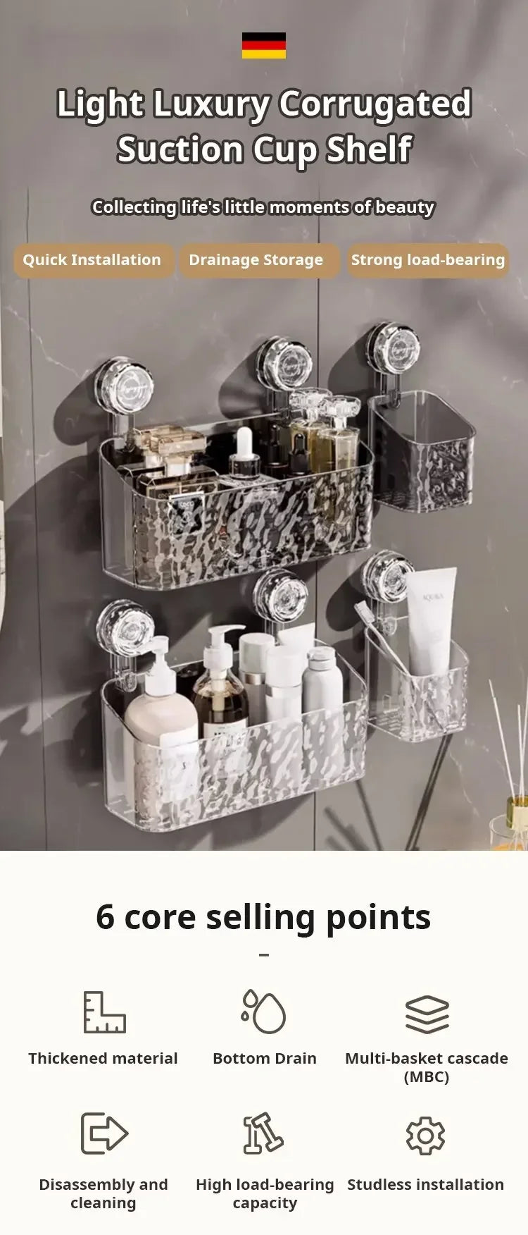 Light Luxury Style Glacier Pattern Suction Cup Shelf,Bathroom Suction Cup Storage Rack,Punch Free Sorting Box