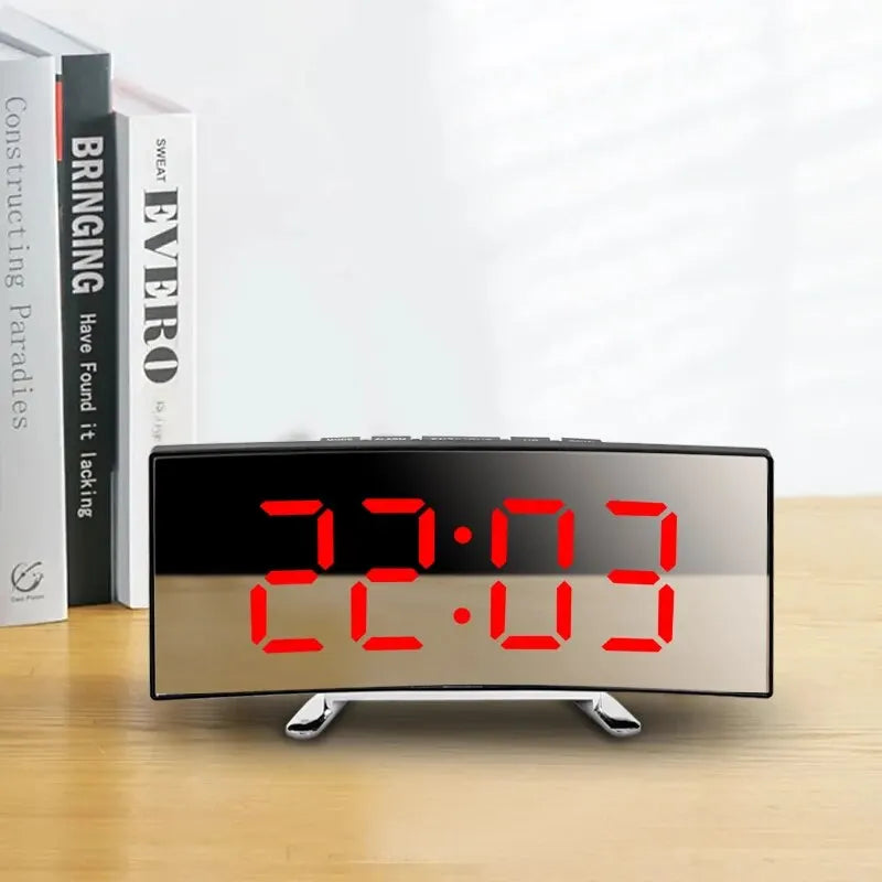 Creative Curved Electronic Clock, LED Large Screen Plug-in Battery Dual-purpose Mirror Alarm Clock, Student Bedroom Dedicated