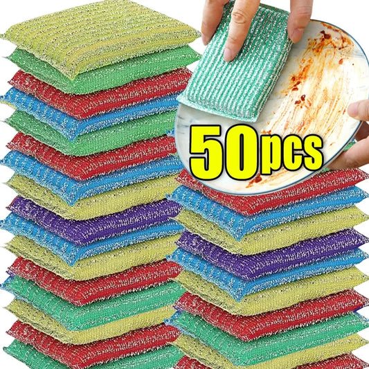 10/50pcs Steel Wire Sponge Wipe Non-stick Oil Brush Double Sided Cleaning Cloth Kitchen Dishcloth Scouring Pad Rag Cleaning Tool