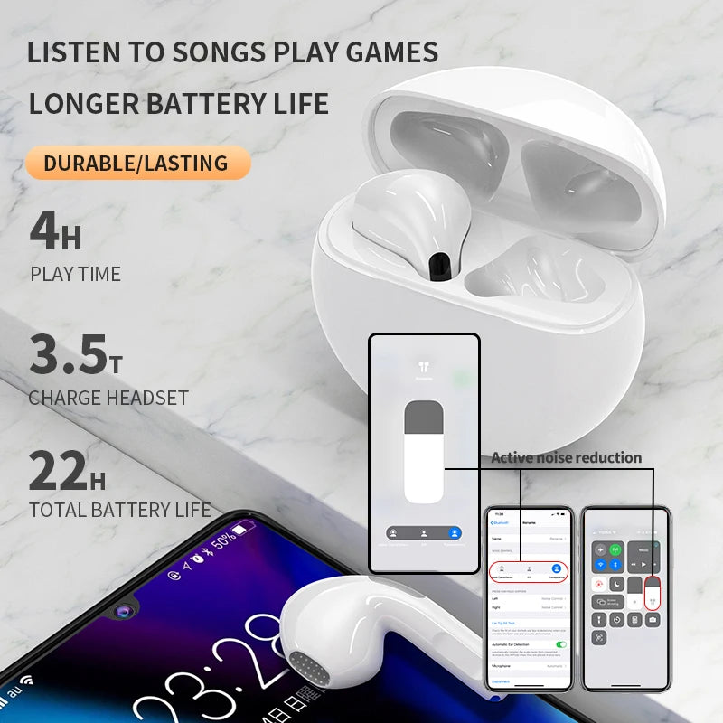 Bluetooth Earphones for iPhone Wireless Bluetooth Headset Pro 6 TWS Noise Cancelling Earbuds with Mic Pro6 Wireless Headphones