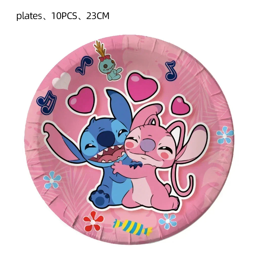 Disney Children's Party Decoration Pink Cartoon Interstellar Stitch Angel Series Disposable Tableware Flag Balloon