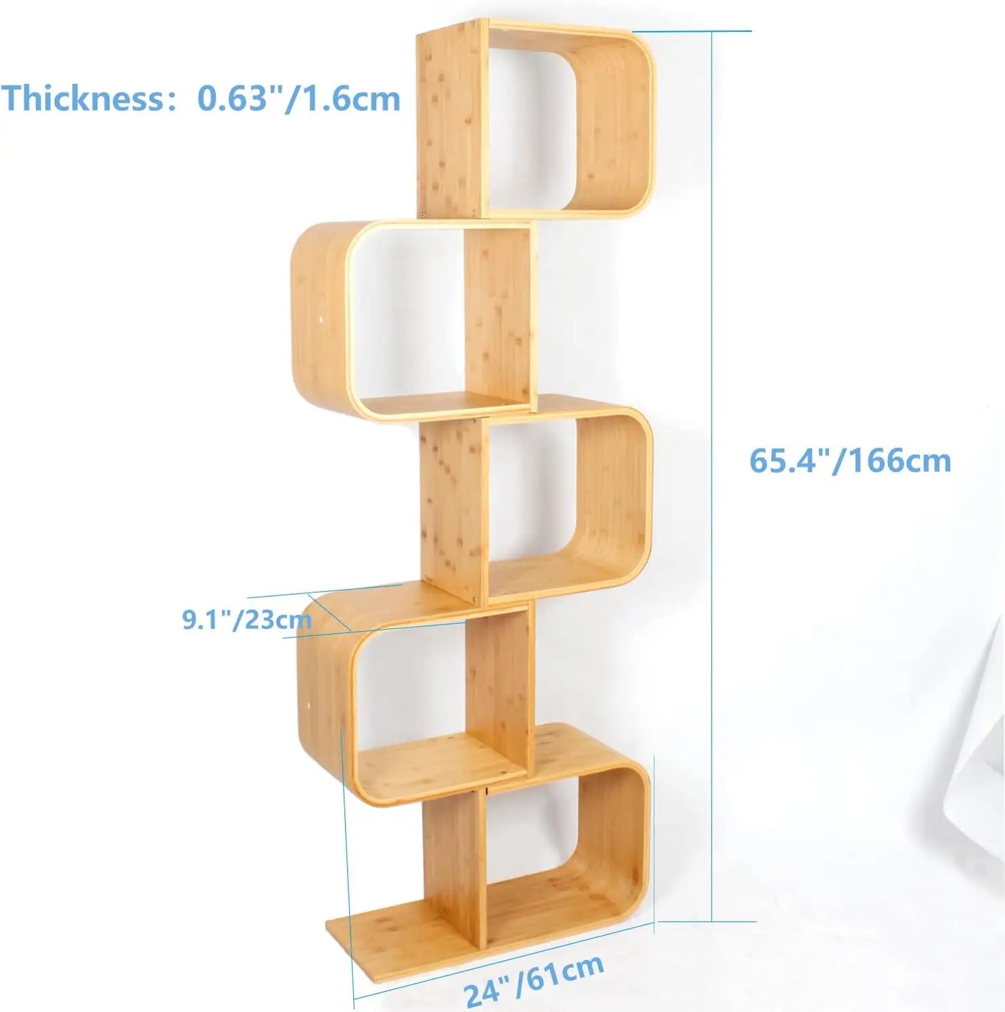 5-layer S-shaped geometric bamboo bookshelf, large capacity curved shelf bedside table 2 in 1 bookcase suitable for home, office