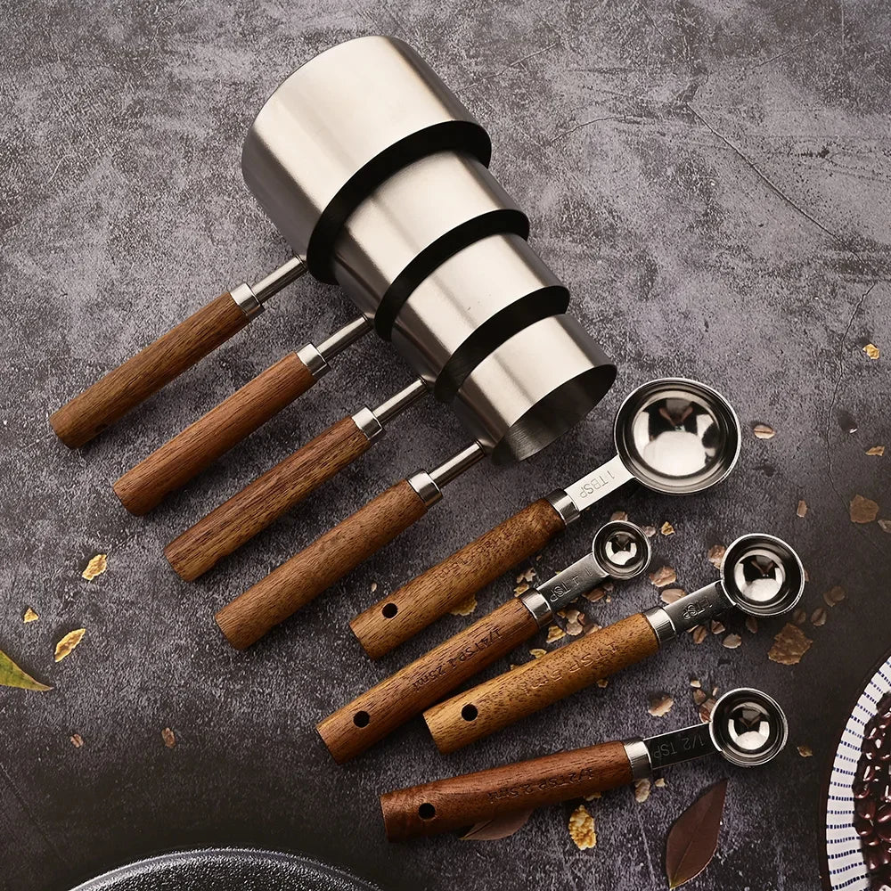 4/8Pcs Wooden Handle Stainless Steel Measuring Cups Spoons Baking Tools Coffee Measuring Spoon Set Bartending Scale Accessories