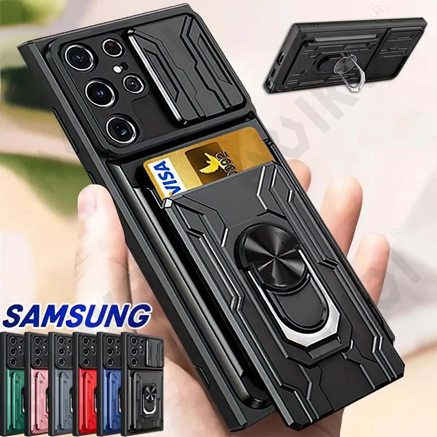 Case For Samsung Galaxy S24 S23 S22 S21 Ultra Plus S20 FE A55 A35 A54 A14 A34 4G 5G  Slide Camera Card Holder 360° Ring Cover