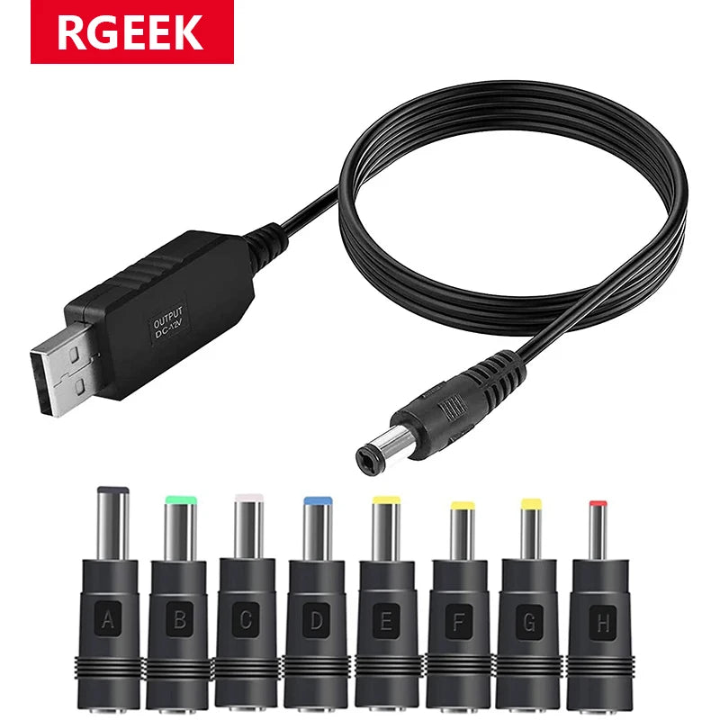 RGEEK 5.5*2.1mm 5V 9V 12V USB Cable Boost Converter Step-up Cord 8PCS Connectors Cable for Wifi 12V Router Modem Fan Powerbank