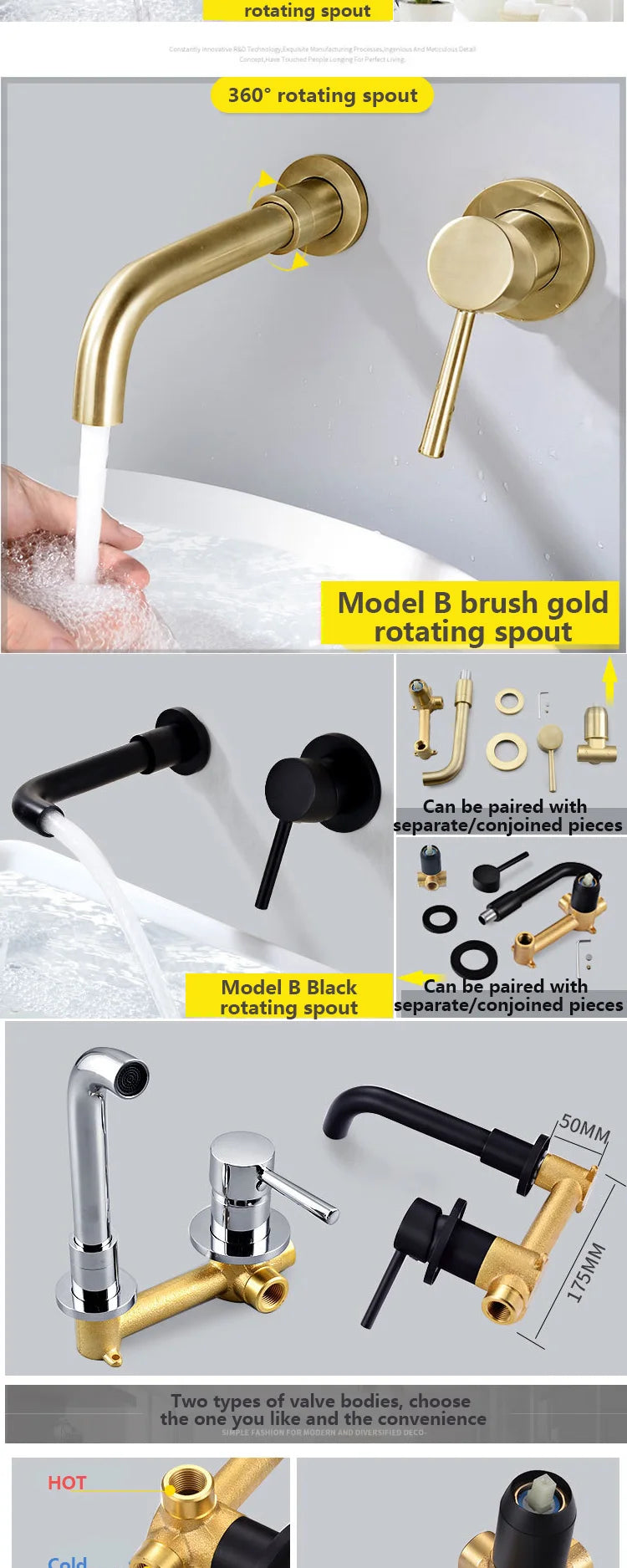 Bathroom faucet hot and cold wall mounted brass basin mixer sink tap washbasins single handle matt black White gold set shower