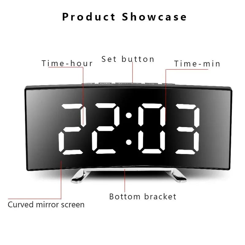 Creative Curved Electronic Clock, LED Large Screen Plug-in Battery Dual-purpose Mirror Alarm Clock, Student Bedroom Dedicated