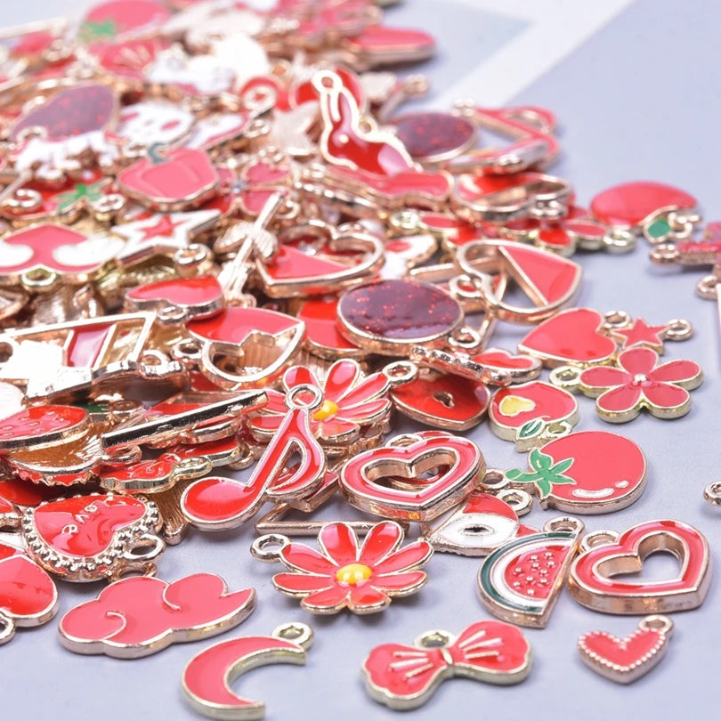 30/50/100PCS Mixed Gold Color Alloy Enamel Cute Heart Flower Fruit Charms Pendant For DIY Earrings Bracelet Jewelry Accessories