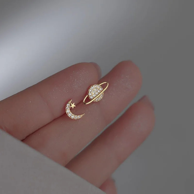 Simple Zircon Star Moon Planet Stud Earrings for Women Gold/Silver Color Asymmetry Ear Pendants Fashion Jewelry