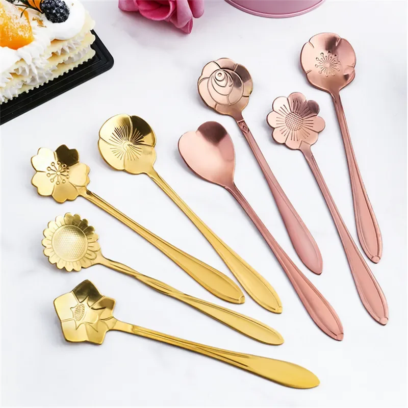 8pcs Stainless Steel Cherry Rose Flower Gold Scoop Coffee Spoon Gifts Kitchen Dessert Tea Accessories Tableware Decoration Set