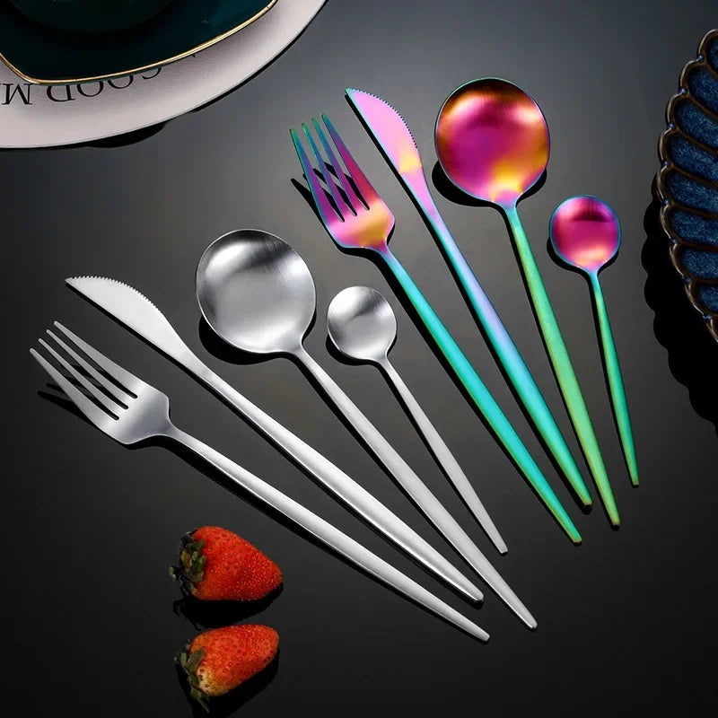 30Pcs Stainless Steel Cutlery Set Dinner Black Dinnerware Set Knife Fruit Fork Spoon Kitchen Tableware Matte Silverware Sets