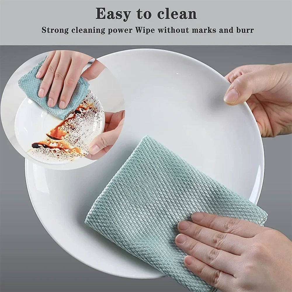 10pcs Kitchen Cleaning Microfiber Fish Scale Cloth Dishwashing Cloth Lint-free Dining Table Glass Wipe Polishing Reusable