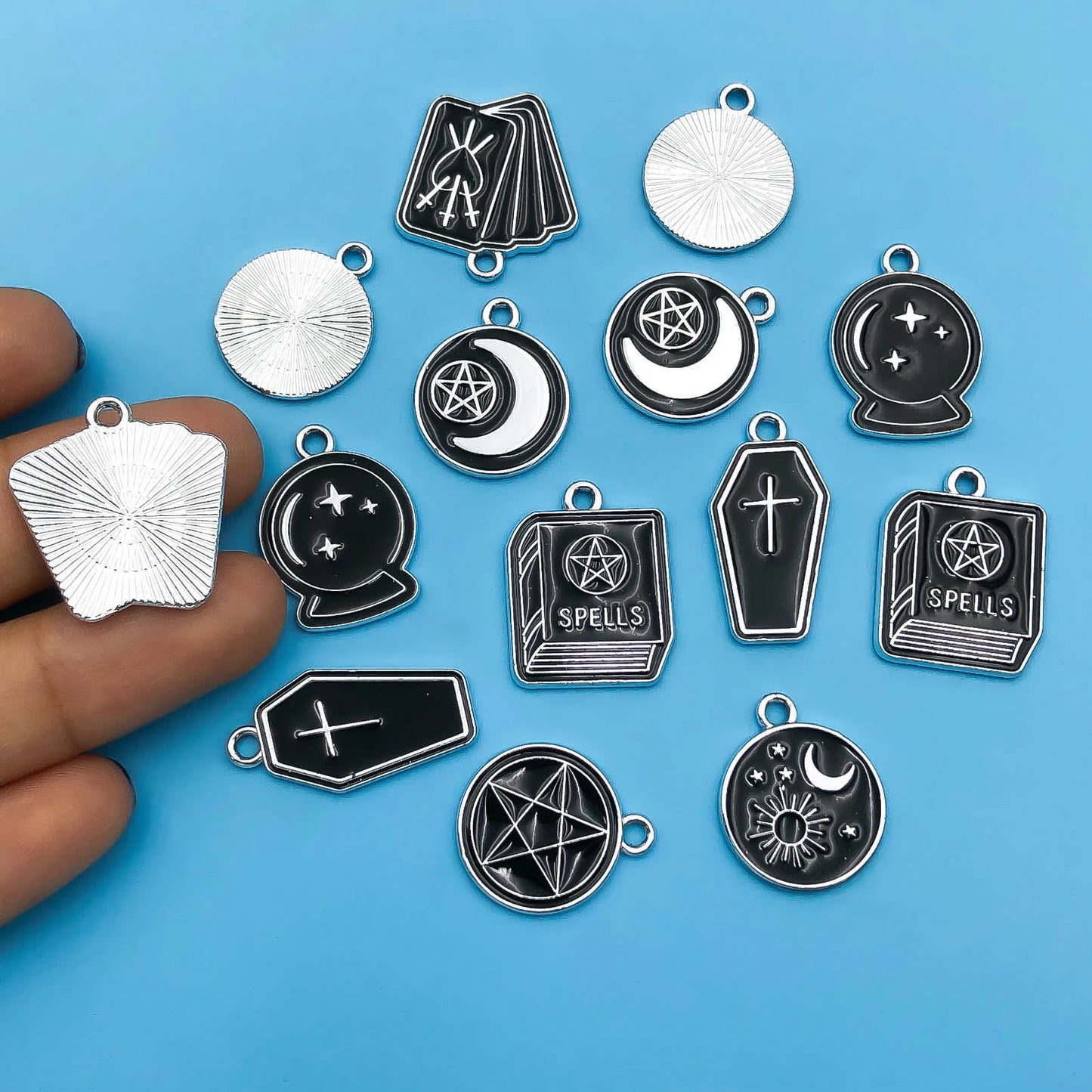 10/14pcs/pack Moon Star Cross Book Charms Enamel Alloy Black Magic Book Magic Ball Pendants For Jewelry Making Earring Bracelet