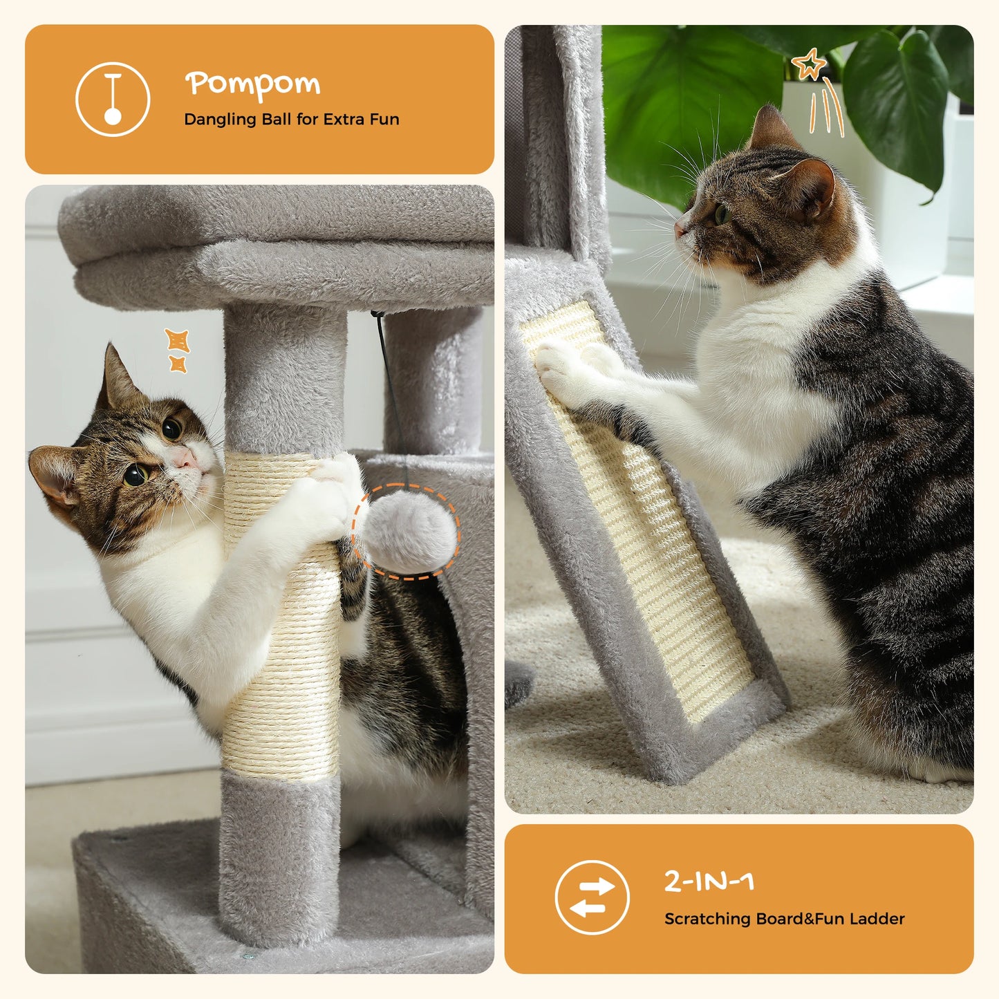 Cat Tree Luxury Cat Towers with Double Condos Spacious Perch Cat Hammock Fully Wrapped Scratching Sisal Post and Dangling Balls