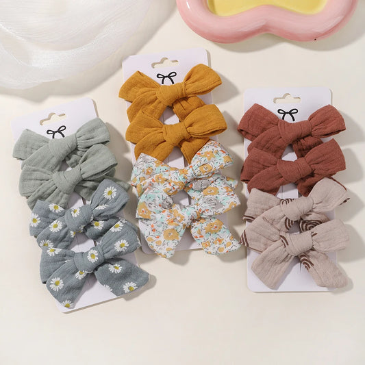 4PCS/Set Muslin Baby Girls Bows Hair Clips Hairpins Hairclip For Kids Cotton Linen Barrette Flower Print Side Pin Accessories