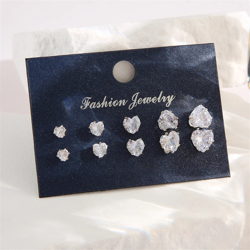 5 Pair/Pack Heart Shiny Wedding Stud Earrings Set for Women Men Crystal Jewelry Ear Studs Accessories Earring Jewelry Gift