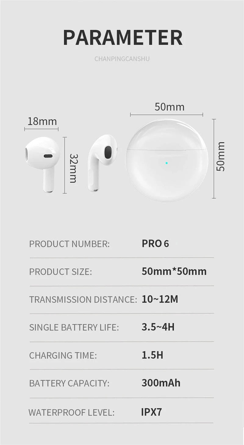 Bluetooth Earphones for iPhone Wireless Bluetooth Headset Pro 6 TWS Noise Cancelling Earbuds with Mic Pro6 Wireless Headphones